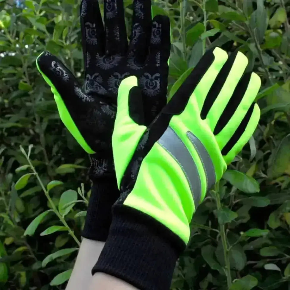 Bright neon green and black rhinegold reflective winter gloves with reflective stripes on back and silicone grip palm