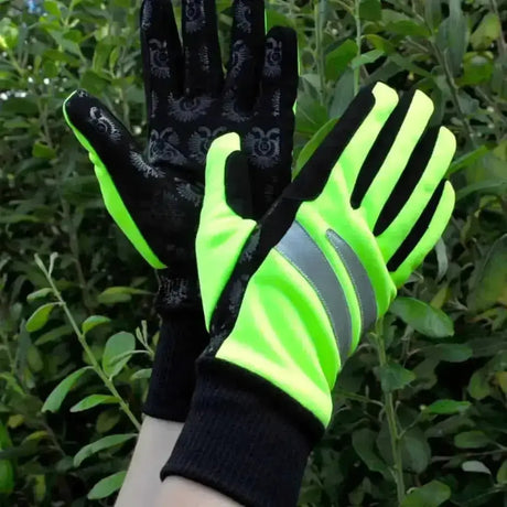 Bright neon green and black rhinegold reflective winter gloves with reflective stripes on back and silicone grip palm