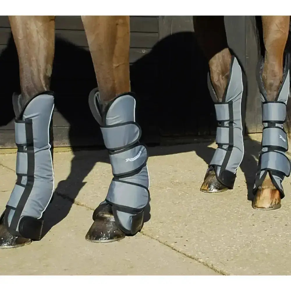 Gray rhinegold ripstop full length travel boots with tough nylon outer, black straps, and reflective trim for horse safety