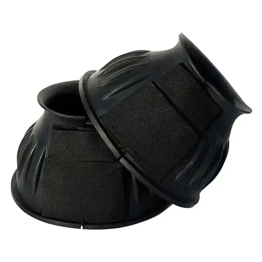 Black rhinegold rubber reach boots with textured ribbed design and padded interior for horses fetlock protection