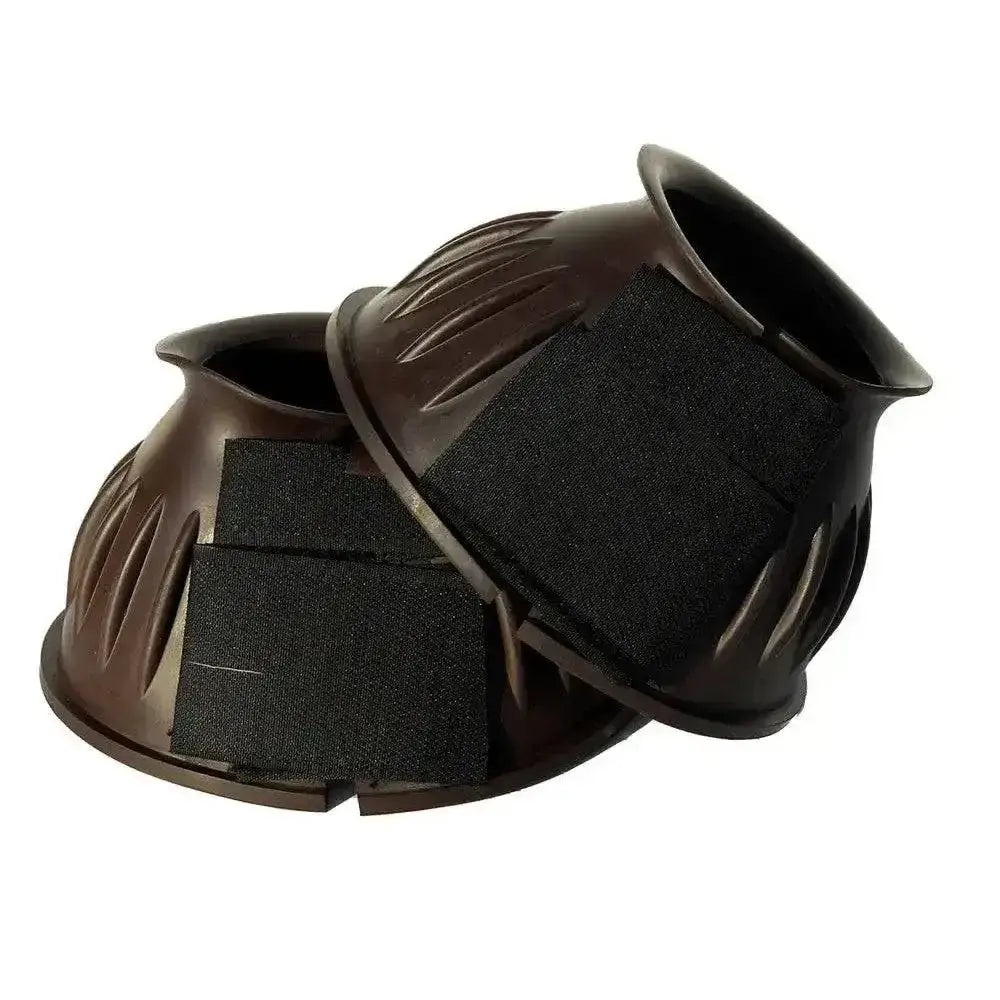 Brown rhinegold rubber over reach boots with black velcro straps designed to protect horses fetlock and hoof area