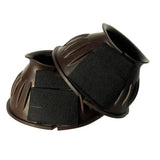 Brown rhinegold rubber over reach boots with black velcro straps designed to protect horses fetlock and hoof area