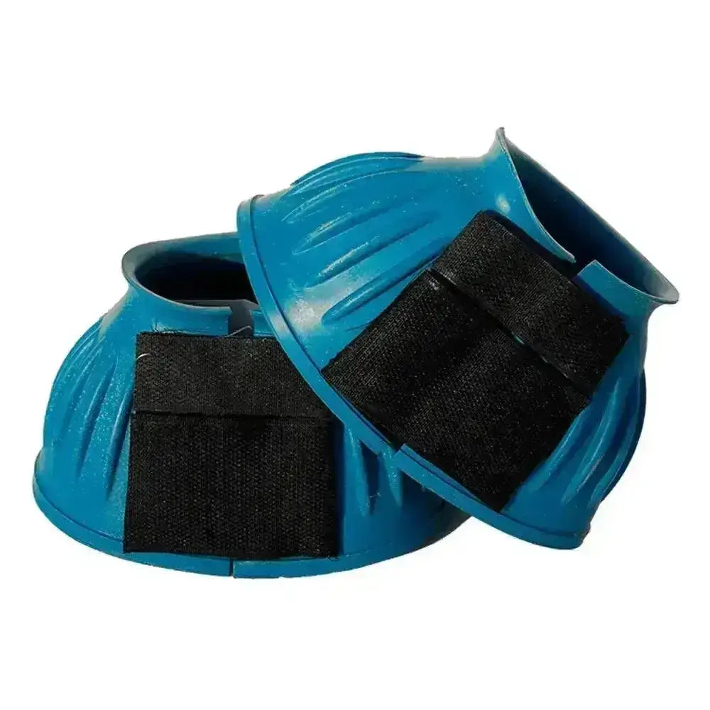 Bright blue rhinegold rubber over reach boots with black velcro straps for horses fetlock protection