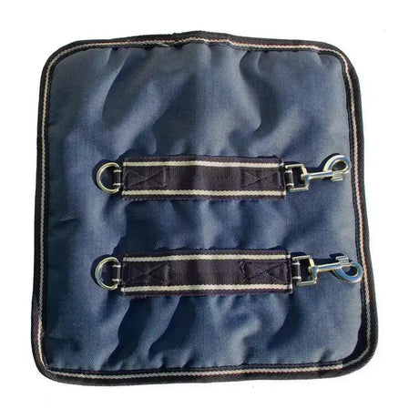 Navy blue quilted rhinegold rug chest expander with black straps and silver hardware for broad shouldered horses
