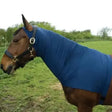 Blue rhinegold satin lycra stretch neck cover with snug fit and adjustable straps for comfort and style