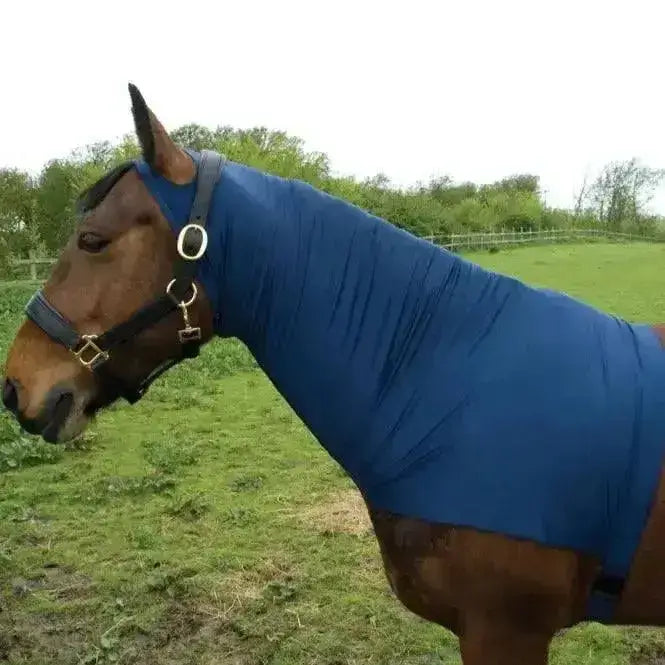 Blue rhinegold satin lycra stretch neck cover with snug fit and adjustable straps for comfort and style