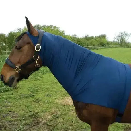 Blue rhinegold satin lycra stretch neck cover with snug fit and adjustable straps for horses