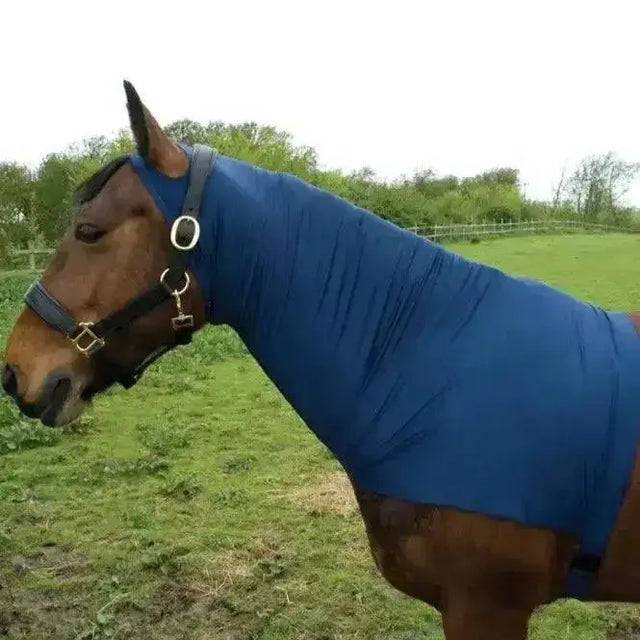 Blue rhinegold satin lycra stretch neck cover with snug fit and adjustable straps for comfort and style