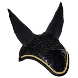 Black rhinegold sequin fly veil horse ear bonnet with velvet ears and gold rope binding trim