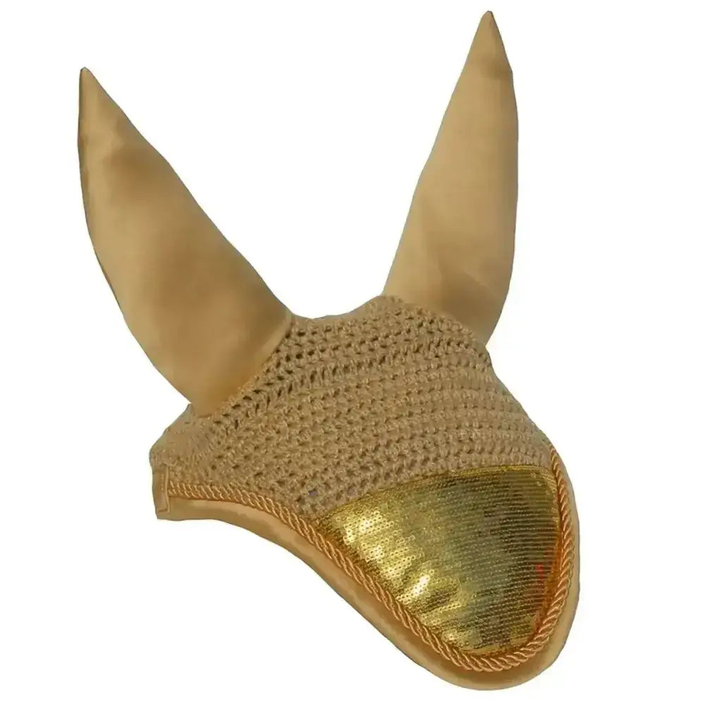 Tan suede earring on rhinegold sequin fly veil with gold metallic mesh and gold rope binding horse ear bonnets trim