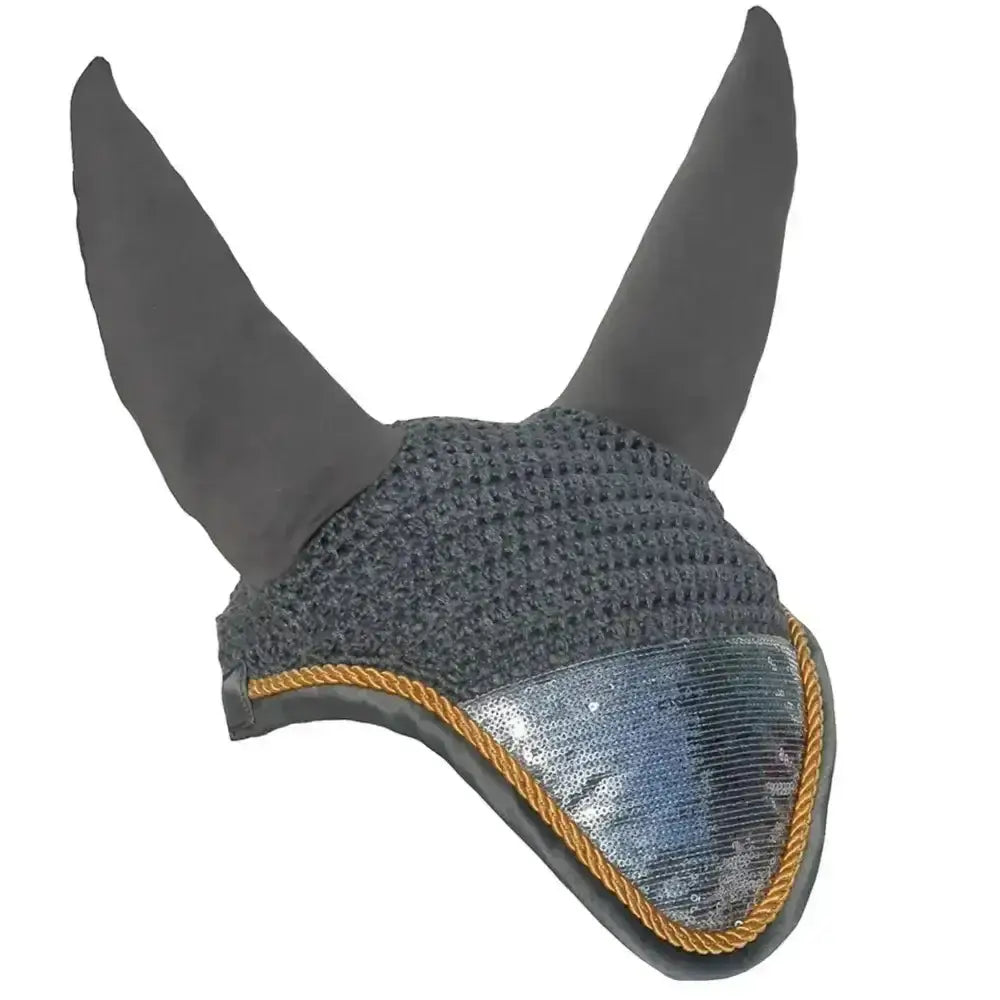 Gray rhinegold sequin fly veil horse ear bonnet with mesh front panel suede ear flaps and sequined noseband trim