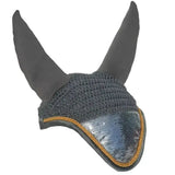 Gray rhinegold sequin fly veil horse ear bonnet with mesh front panel suede ear flaps and sequined noseband trim