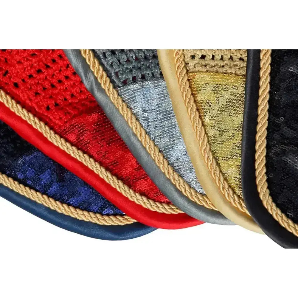 A collection of rhinegold sequin fly veil horse ear bonnets in red, blue, gray, silver, gold, and black with gold rope binding