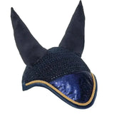 Black rhinegold sequin fly veil horse ear bonnet with suede ears and blue sequined panel edged in gold rope binding