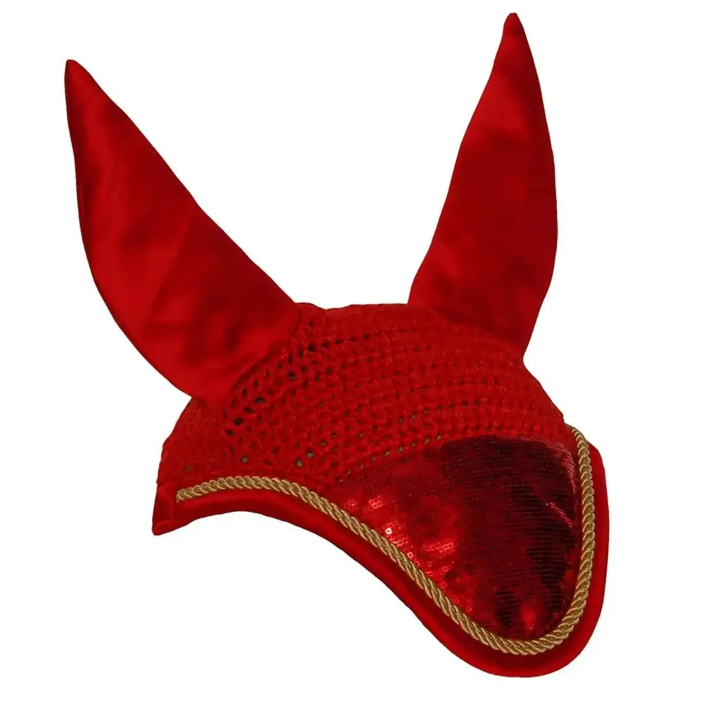 Red satin rhinegold sequin fly veil with gold rope binding and sequined detailing for horse ear bonnets