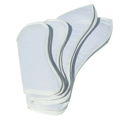 White translucent silicone breast shields with smooth curved design and ribbed texture for rhinegold shaped leg pads