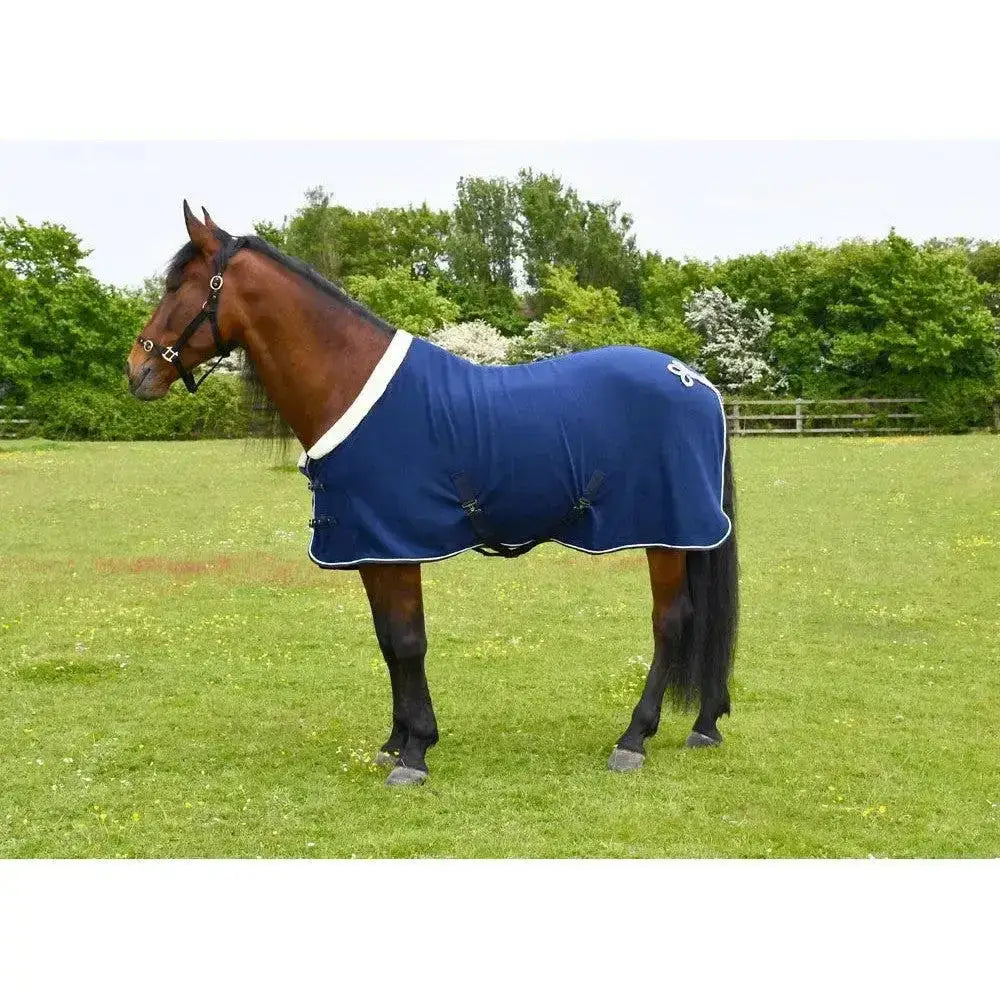 Navy blue rhinegold show fleece with fur collar and white trim showing back side made of quality anti-pill fleece