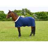 Navy blue rhinegold show fleece with fur collar and white trim showing back side made of quality anti-pill fleece