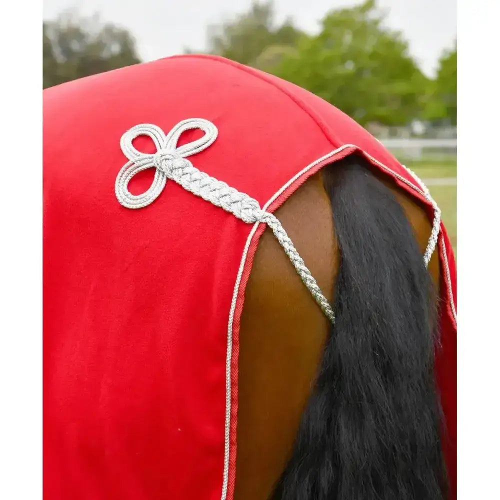 Red rhinegold show fleece with padded fur collar and quality anti-pill fleece featuring silver rope and bow details