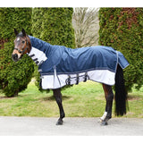 Navy blue and white Rhinegold Sierra Topline fly rug with black buckles and denier waterproof topline trim