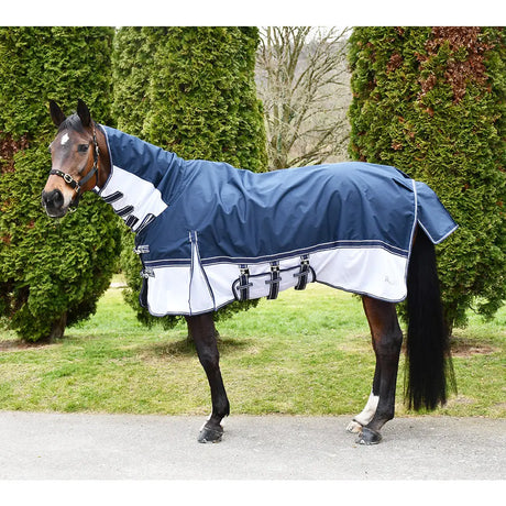 Navy blue and white Rhinegold Sierra Topline fly rug with black buckles and denier waterproof topline trim