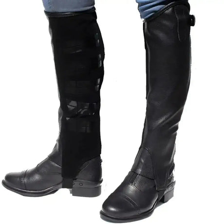 Black leather rhinegold silicone grip gaiters with mesh panels and adjustable straps for riding comfort