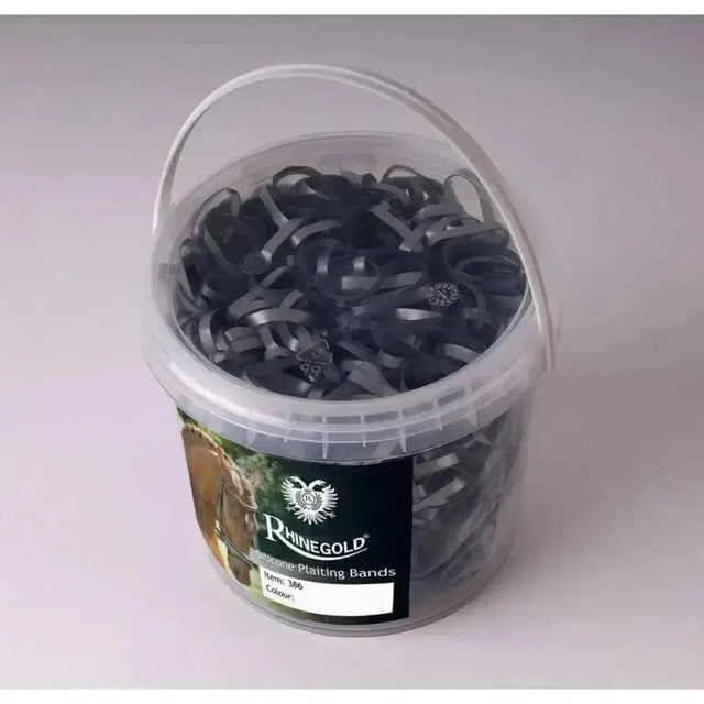 Rhinegold silicone plaiting bands in a clear plastic bucket with handle black super stretchy silicone bands