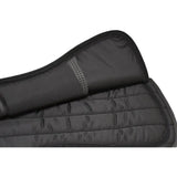 Black quilted rhinegold silicone saddle pad with perforated gray strip featuring memory foam and slim ventilated foam pads
