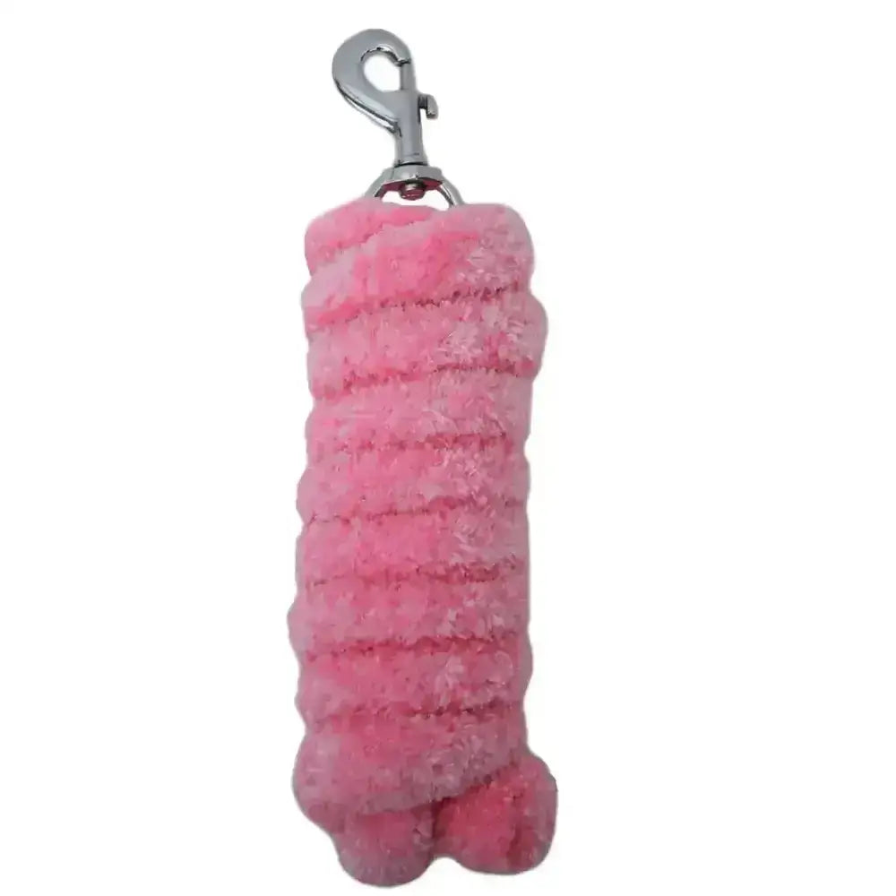 Pink fuzzy horse halter strap with silver clip featuring rhinegold soft feather padded soft feel design