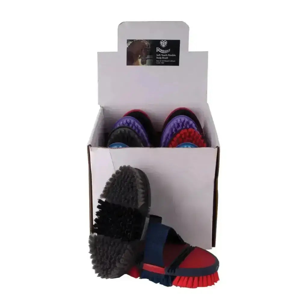 A set of rhinegold soft flexible body brushes bulk buy with colorful ergonomic handles and soft bristles in a display box