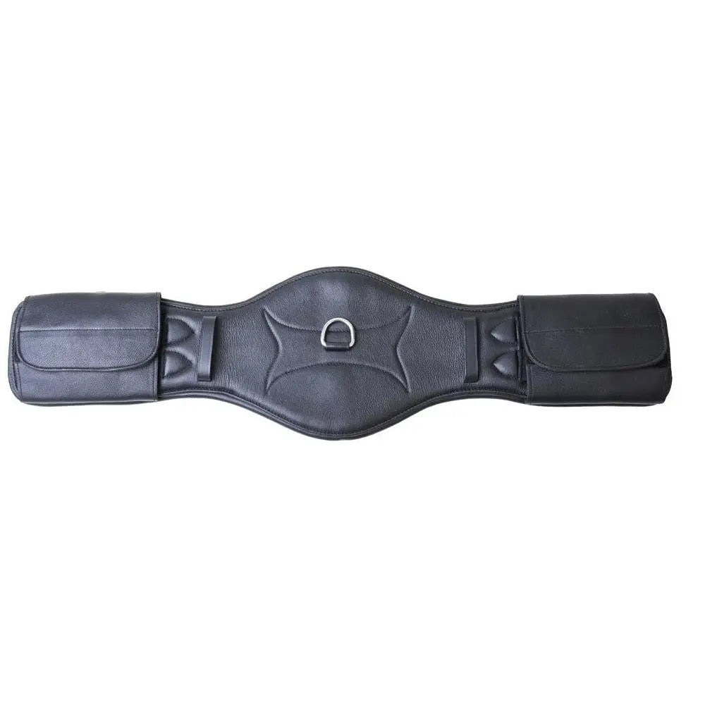 Black leather dressage girth with stitched detailing buckle guards and central metal d-ring by Rhinegold soft leather