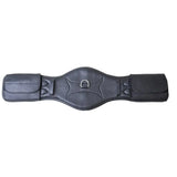 Black leather dressage girth with stitched detailing buckle guards and central metal d-ring by Rhinegold soft leather