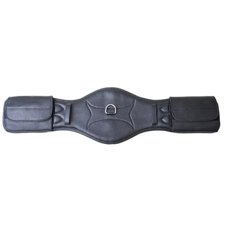Black leather dressage girth with stitched detailing buckle guards and central metal d-ring by Rhinegold soft leather