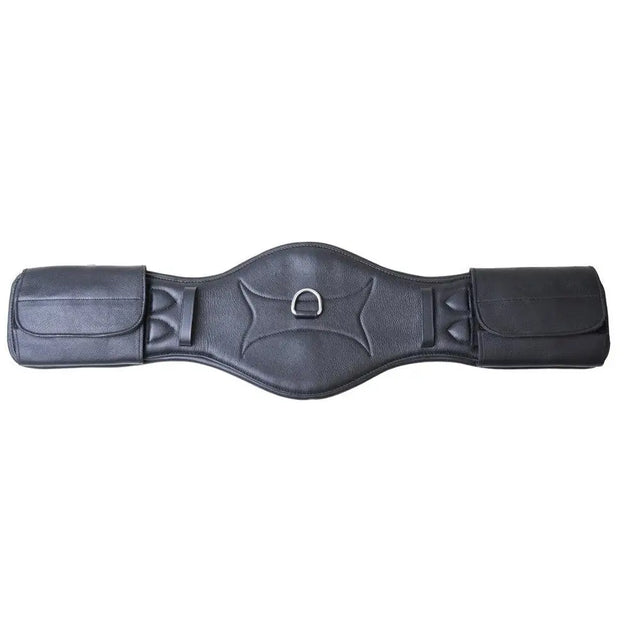 Black leather dressage girth with stitched detailing buckle guards and central metal d-ring by Rhinegold soft leather