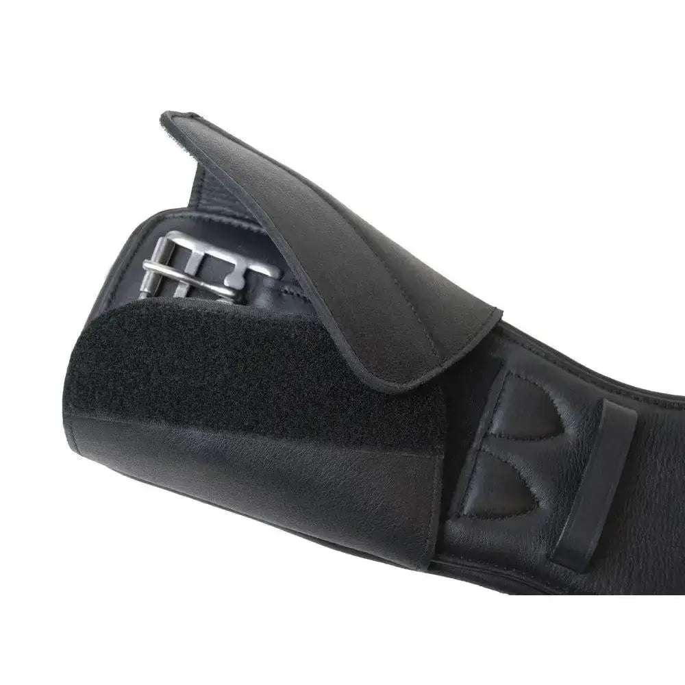 Black leather dressage girth pad with silver buckle and velcro strap featuring rhinegold soft leather buckle guards