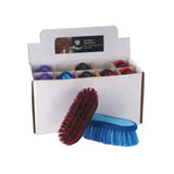 Red and blue rhinegold soft touch dandy brushes with soft bristles and plastic handles for grooming horses
