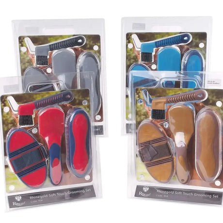 Rhinegold soft touch grooming set with soft touch grooming brush comb and horse brushes in red blue grey and brown colors