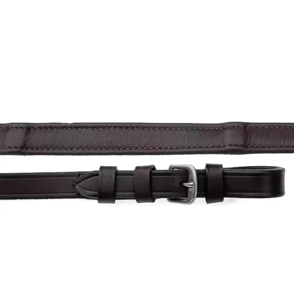 Black leather horse riding girth with silver-toned buckle paired with rhinegold softee german leather wrapped reins 54 feet