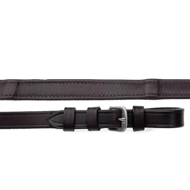 Black leather horse riding girth with silver-toned buckle paired with rhinegold softee german leather wrapped reins 54 feet