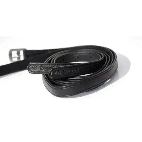 Black leather rhinegold softee stirrup belt with silver buckle and embossed branding extremely soft german leather