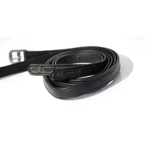 Black leather rhinegold softee stirrup belt with silver buckle and embossed branding extremely soft german leather