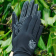Black touchscreen rhinegold spandex lycra multi gloves with white geometric fingertips and silver eagle logo on back side