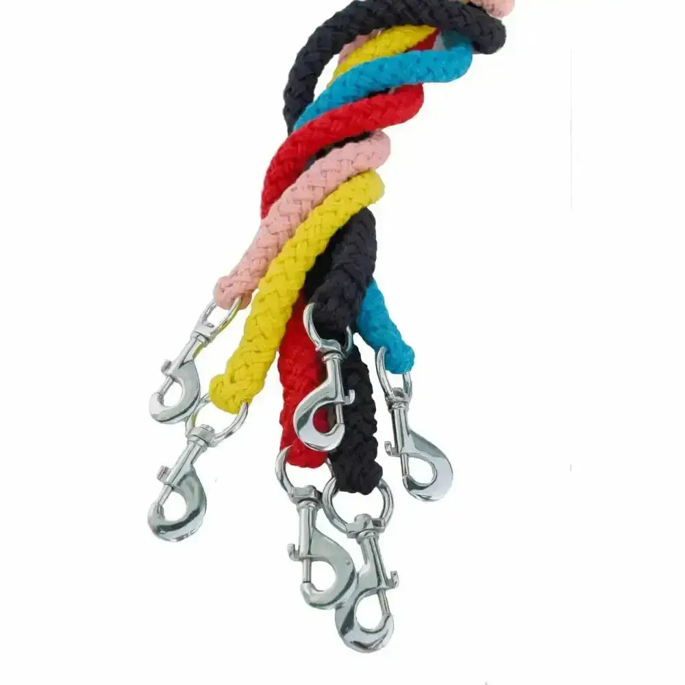 A bundle of colorful rhinegold spiral weave lead ropes in polycotton finish with silver metal clips