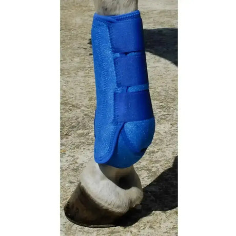 Bright blue rhinegold sports medicine boots with velcro straps soft textured outer neoprene support boot for horses