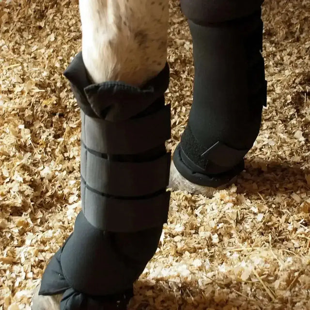 Black rhinegold stable medicine boots with neoprene outer and detachable cotton padded liner and adjustable straps