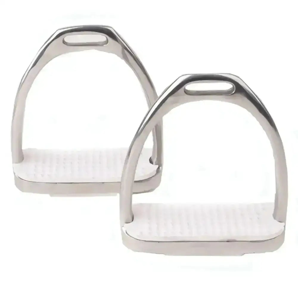 Rhinegold stainless steel fillis irons with white rubberized footpads for durable comfortable horse riding stirrups