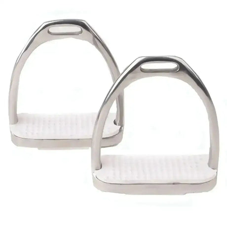 Rhinegold stainless steel fillis irons with white rubberized footpads for durable comfortable horse riding stirrups