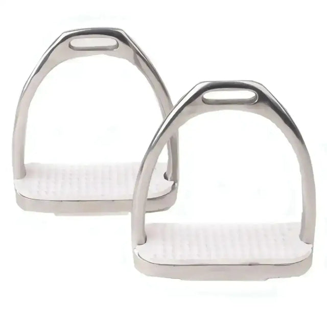 Rhinegold stainless steel fillis irons with white rubberized footpads for durable comfortable horse riding stirrups