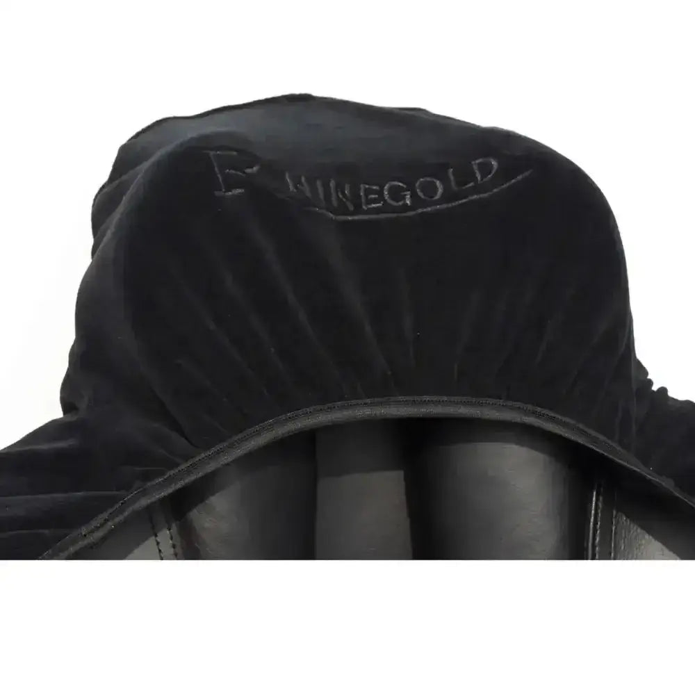 Black velvet rhinegold stretchy saddle cover with pikegold embroidered in silver thread for soft stretchy saddle use