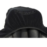 Black velvet rhinegold stretchy saddle cover with pikegold embroidered in silver thread for soft stretchy saddle use